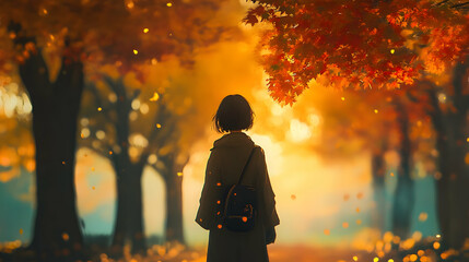 A Solitary Figure, Silhouetted Against A Breathtaking Autumn Sunset, Finds Peace Amidst Falling Leaves And Golden Light In A Serene Forest Path