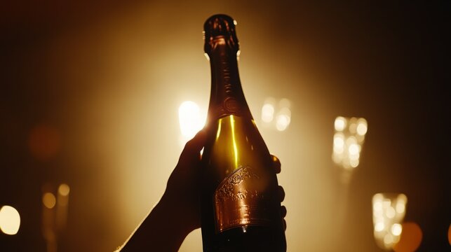 A hand holds up a bottle of champagne against a warm, golden background. Celebration time!