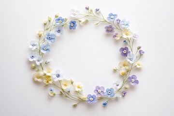 Pastel paper flowers arranged in a circular wreath on a white background.