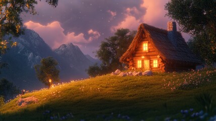 A cozy wooden house with a thatched roof sits atop a gentle, grassy hill, illuminated by the warm glow of its interior lights.