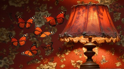 Butterflies flying near an antique lamp casting a warm glow on a retro-style bedside table.