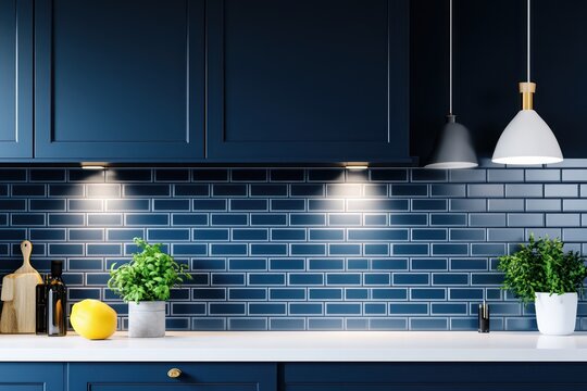 A stylish kitchen with a deep blue subway tile backsplash, matching dark cabinets, and bright white countertops, creating a calming,
