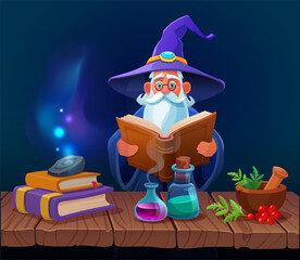 A old wizard is reading a book of spells, with magical potions and herbs on a table nearby.  Vector illustration

