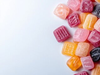 Colorful assorted candies on a white background.