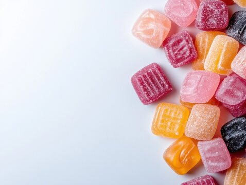 Colorful assorted candies on a white background.