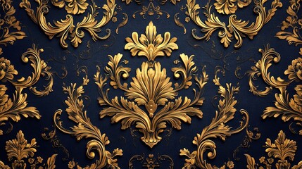 Detailed baroque pattern in gold and navy, luxurious and intricate 