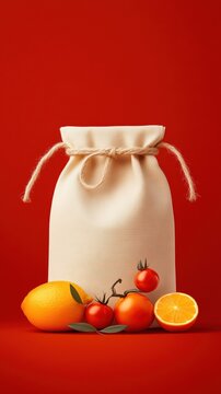 Colorful fruits beside a canvas bag.