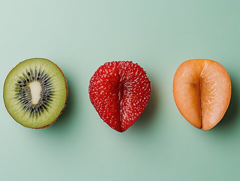 Colorful fruit arrangement on green background.
