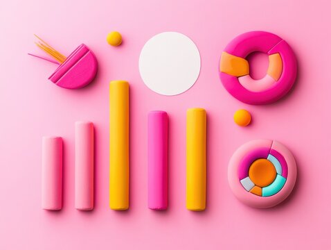 Colorful geometric shapes on a pink background.