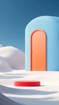 Colorful geometric structure in a snowy landscape.