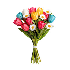 Obraz premium Colorful bouquet of tulips and daisies on a transparent background. Perfect for spring, celebrations, and floral designs.