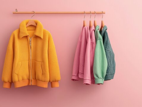 Colorful hoodies displayed on a pastel wall.
