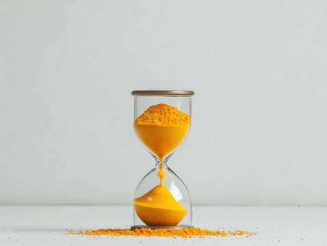 Colorful hourglass filled with turmeric powder.