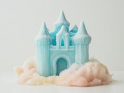 Colorful ice castle on cotton candy cloud.
