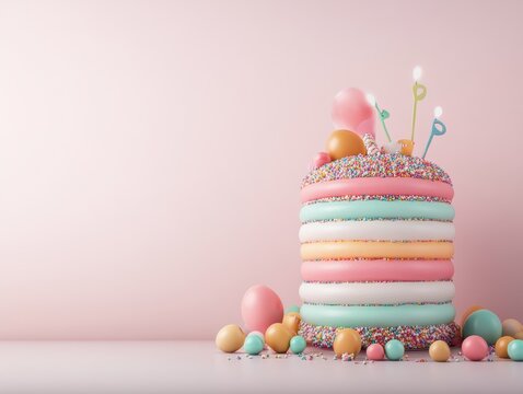 Colorful layered cake with festive decorations.