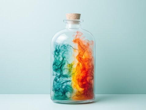 Colorful liquid wisps in glass bottle.