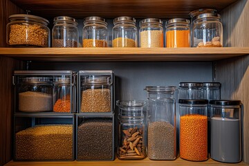 A stylish pantry with shelves neatly stacked with clear jars containing spices, lentils, and dried grains, organized with sleek metal