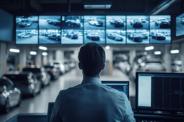 Security personnel monitoring a parking garage's CCTV feeds on multiple screens.