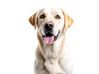 Close-up of a light golden retriever dog with a joyful expression, mouth open, tongue visible