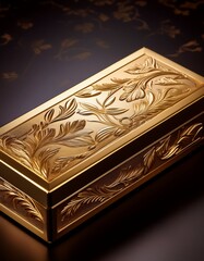 Fototapeta premium Intricately Designed Golden Box With Floral Patterns Captured in Warm Light on a Dark Surface