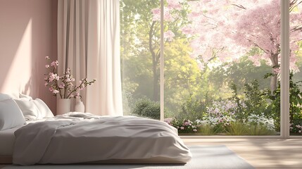 Luxury Modern Bedroom Interior with Futuristic Design, Elegant Furniture, Soft Lighting, Cozy Minimalist Decor, and a Natural Vibe with Flowering Trees