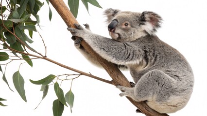 Naklejka premium Adorable Koala Clinging to Branch Isolated White Background Wildlife Photo