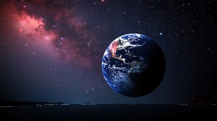 Obraz premium Earthrise over tranquil ocean, cosmic backdrop