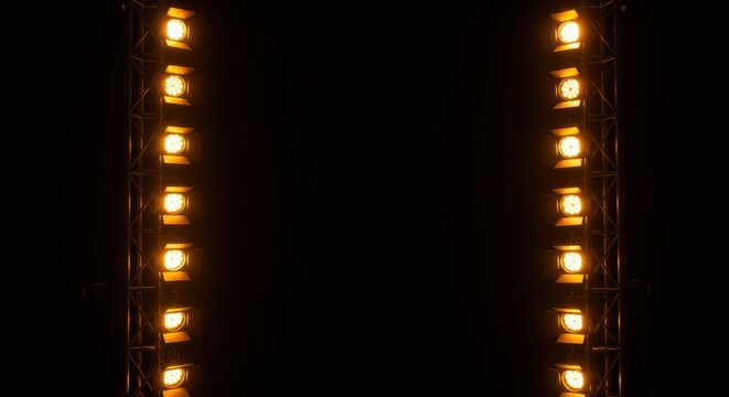 A glowing rectangular metal truss with bright orange stage lights against a dark background, resembling a stage entrance 05