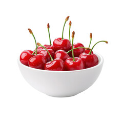 Bowl of fresh red cherries on a transparent background. Healthy eating and summer harvest concept.