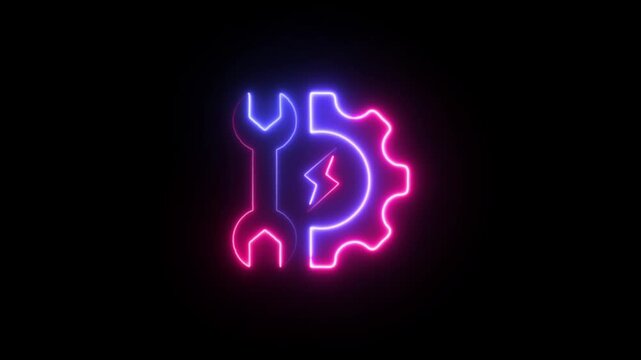 Concept neon wrench setting construction tool icon, spanner toolkit professional instrument flat line icon animation.wrench tools icon isolated on brick wall background. Service tool symbol.