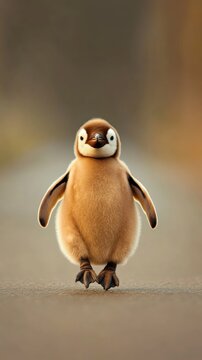 Cute baby penguin waddling down the road.