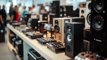 An array of modern audio equipment on display at a technology expo, showcasing the latest innovations in sound quality and design for audiophiles and music creators.