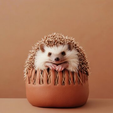 Cute hedgehog resting in a cozy pot.