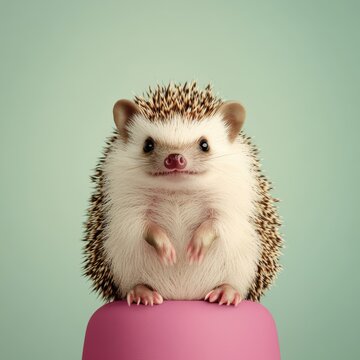 Cute hedgehog perched on a colorful cup.