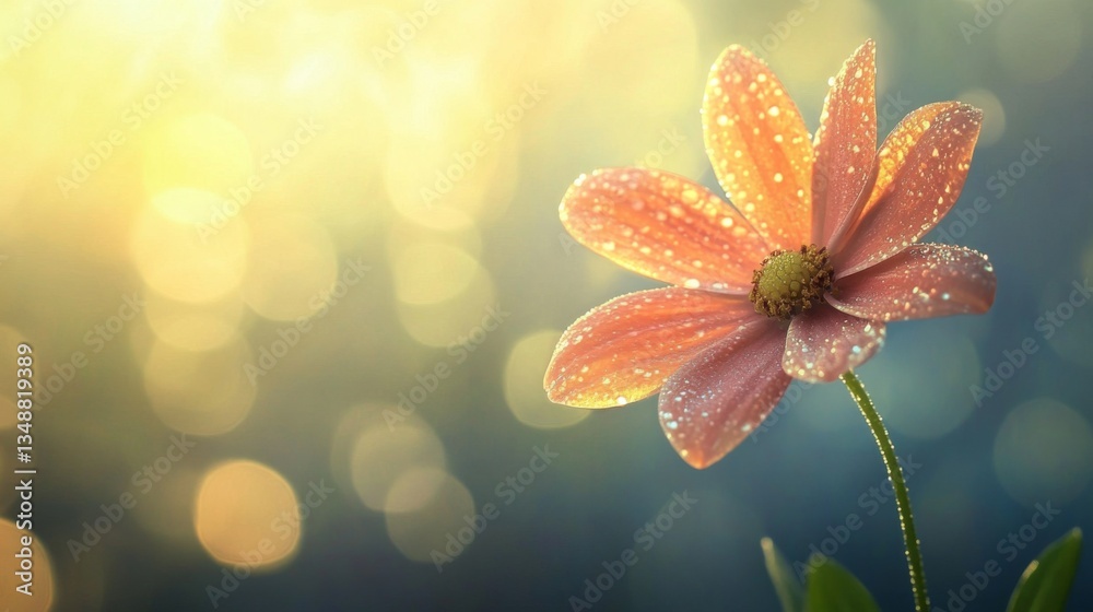 Aufkleber an artistic composition of a single flower stem with dew-covered petals against a blurred background