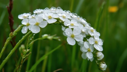 Raindrops on white flowers nature field close-up photography green environment macro view serenity concept