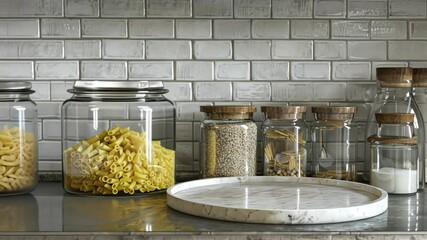 A kitchen counter displays a variety of clear jars containing pasta, grains, and flour, showcasing a tidy and organized cooking space