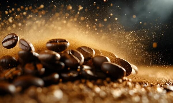 Coffee beans falling with dust, forming a pile. Warm tones, dark background