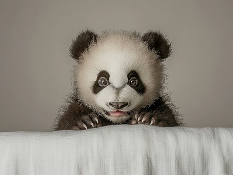 Cute panda cub peeking over a white cloth.
