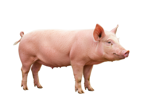 Full shot of a healthy, light pink pig, standing on a transparent background