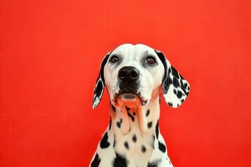 Classic Dalmatian Dog Pose Against Vibrant Red Background