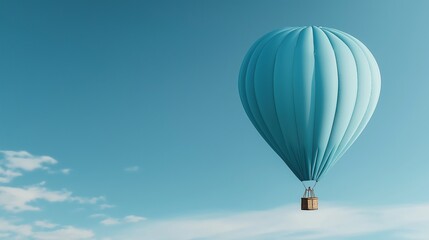 Naklejka premium Large, light blue hot air balloon floating in the sky. the balloon is inflated and has a basket attached to it. the basket appears to be made of wood and is attached to the bottom of the balloon.