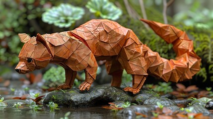 Obraz premium Tigre en origami dans un dÃ©cor de forÃªt naturelle HD 8K wallpaper Photographic Image