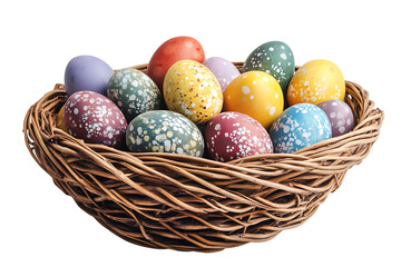 Easter Basket with Colorful Speckled Eggs Isolated on White Background