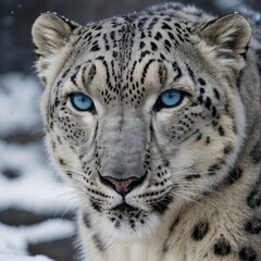 Obraz premium A close-up of a snow leopard’s piercing blue eyes, framed by its thick white fur.