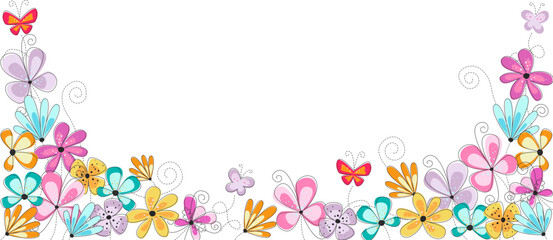 Cute Easter spring border with flowers and butterflies