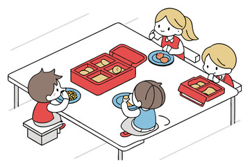 51 Cute cartoon children eating, colorful simplistic illustration, overhead view, school lunch, cafeteria table, diverse group, rectangular composition, flat design, playful style, red lunchboxes, blu