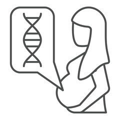 Pregnant woman with DNA bubble thin line icon, genetic research concept. Vector graphics. DNA female test sign on white background, outline style icon for mobile or web design.