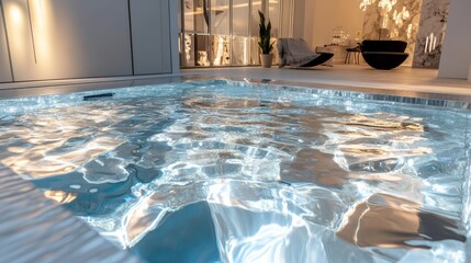 a high-end swimming pool with a bottom made of pure platinum tiles, creating an ultra-luxurious reflective effect.