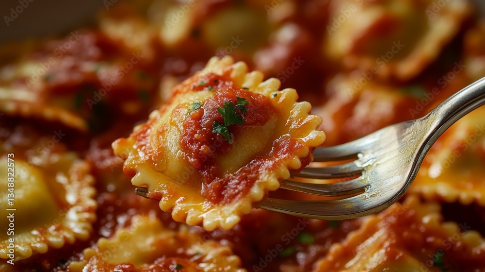 Poster a close-up of a fork twirling ravioli with a rich sauce, capturing the deliciousness and texture of 